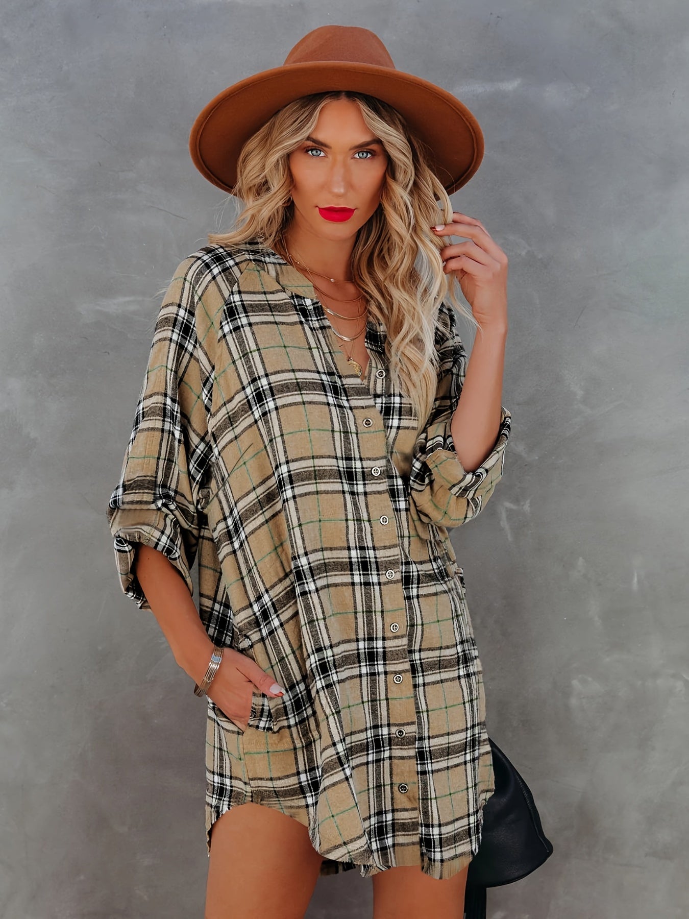  Plaid Print Long Sleeve Mini Shirt Dress