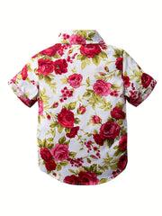 Blooming Flower Print Boys Top Short Sleeve Lapel Shirt for Summer