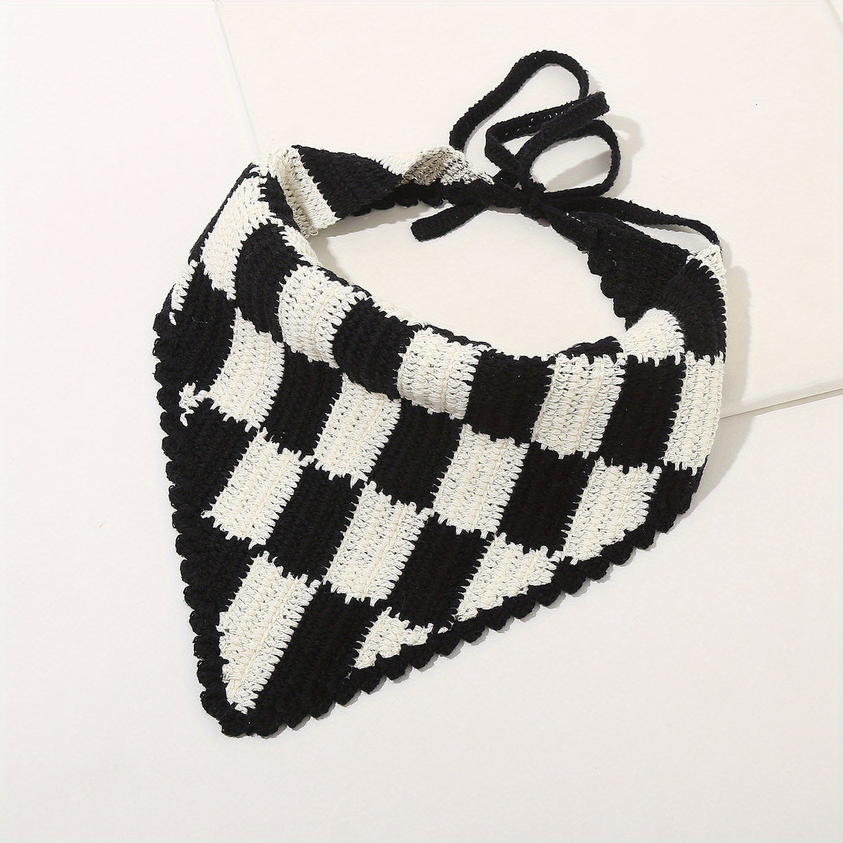 Crochet Plaid Triangle Head Scarf Pastoral Style Hair Accessories