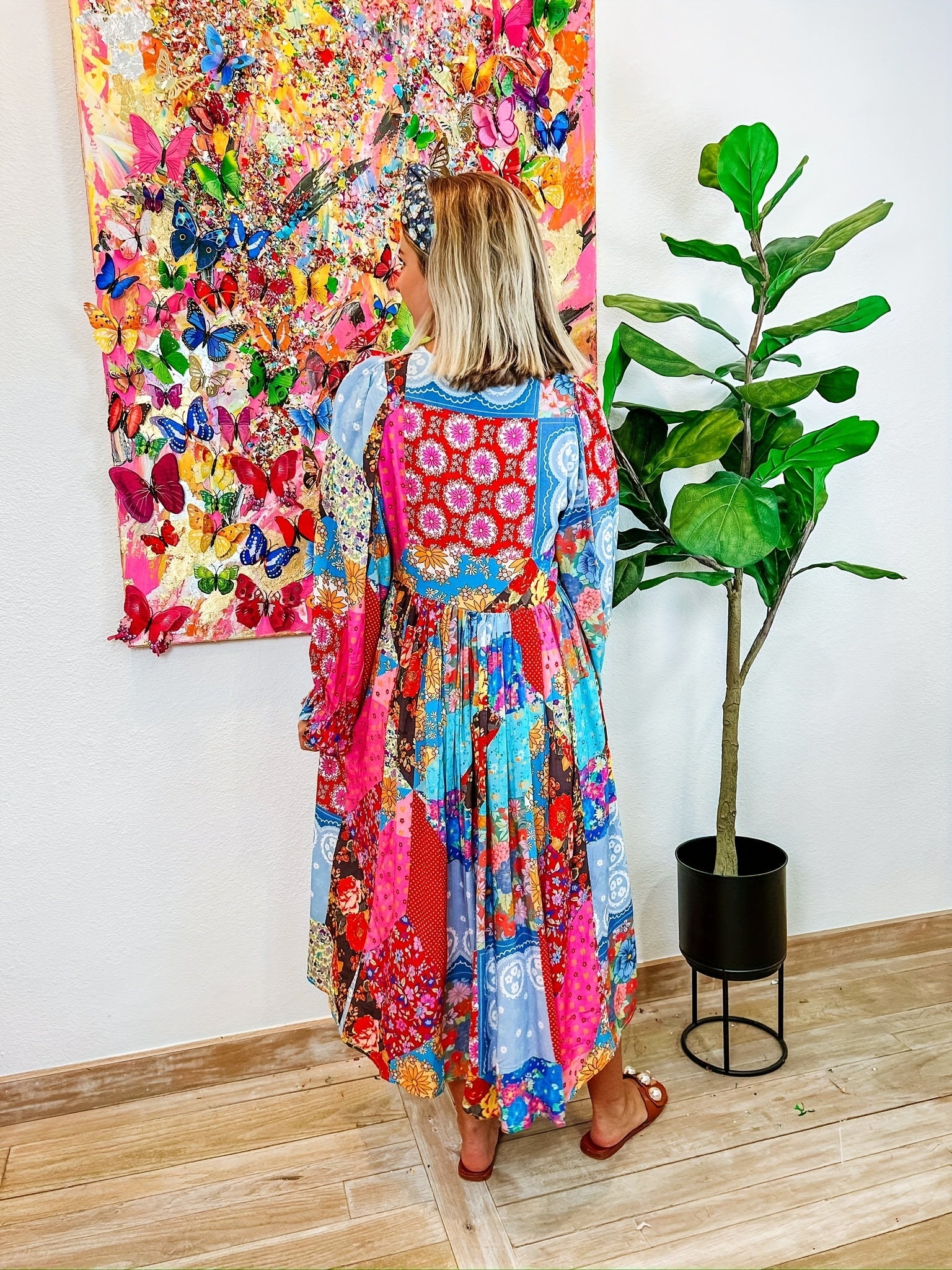  Floral Print Long Sleeve V Neck Midi Dress