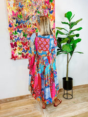  Floral Print Long Sleeve V Neck Midi Dress