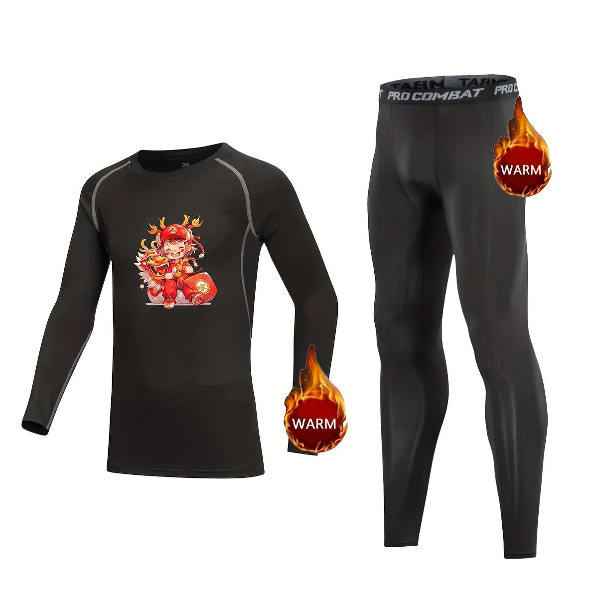 2pcs Kids Compression Fleece Sets Cartoon Pattern Pullover Elastic Waist Pants