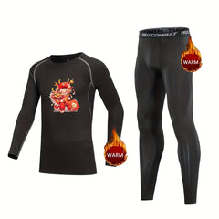 2pcs Kids Compression Fleece Sets Cartoon Pattern Pullover Elastic Waist Pants