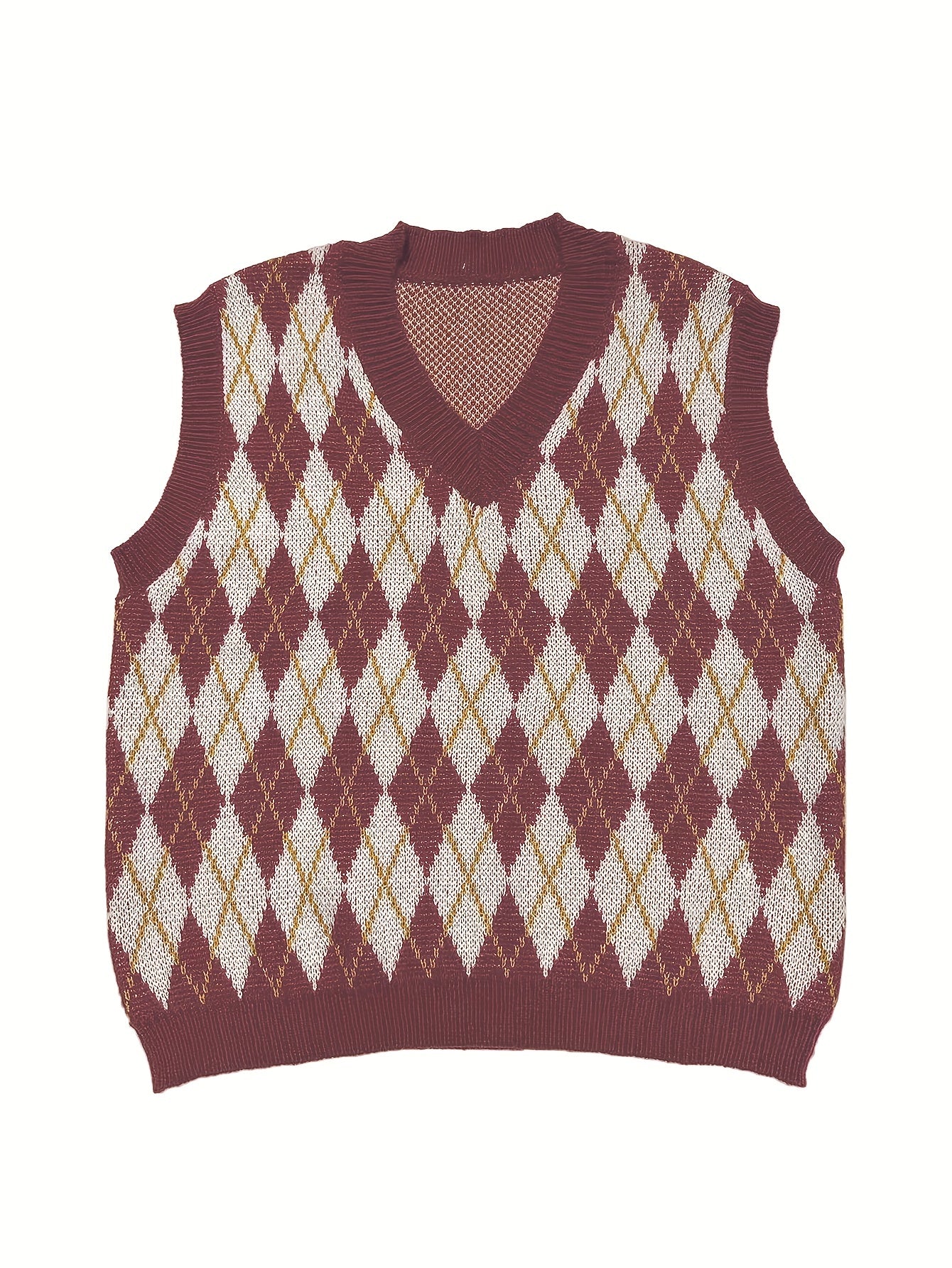  Preppy Knit Vest Women's Plus Argyle Print V Neck Knit Vest