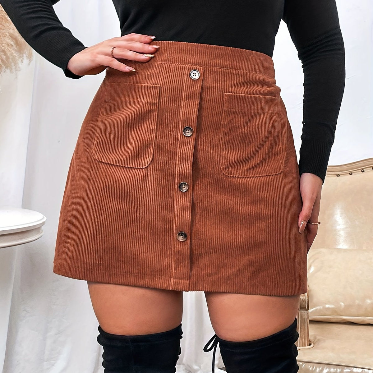  Corduroy Button Decor Mini Skirt