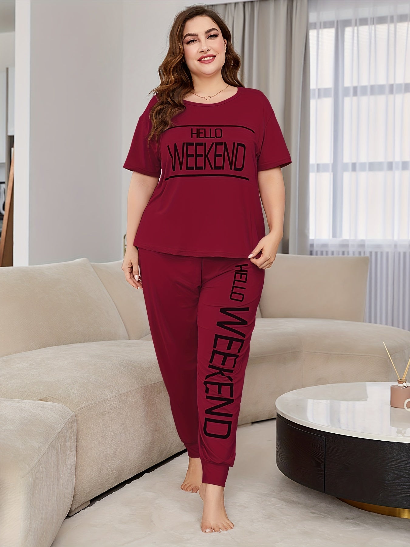  Letter Print T-shirt & Pants Pajama Set
