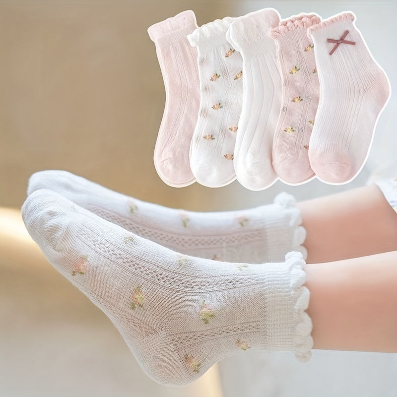 5Pairs Girls Mesh Thin Flower Pattern Bow Knitted Lace Crew Socks
