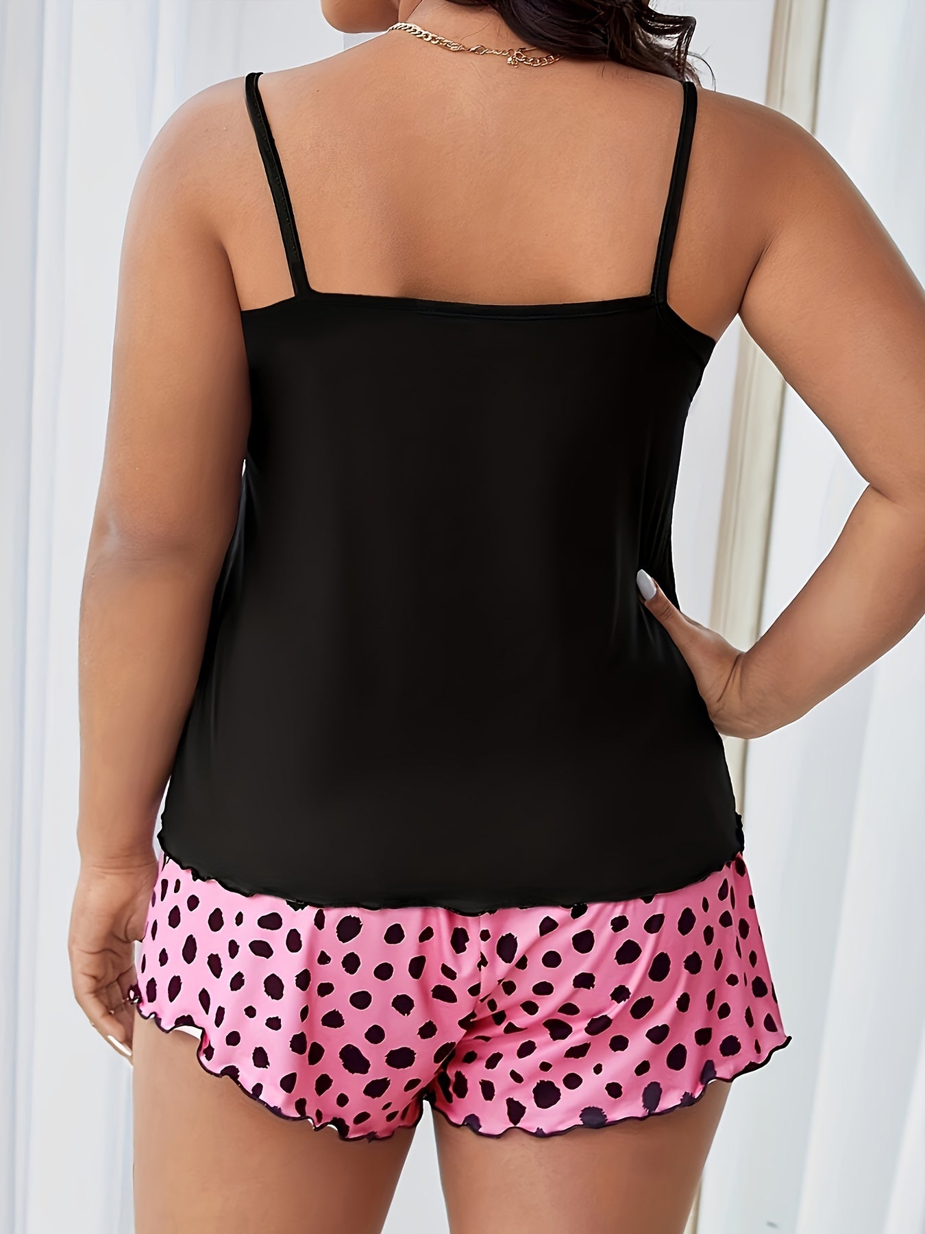  Cat & Letter Print Cami Top & Bow Shorts Pajama Set