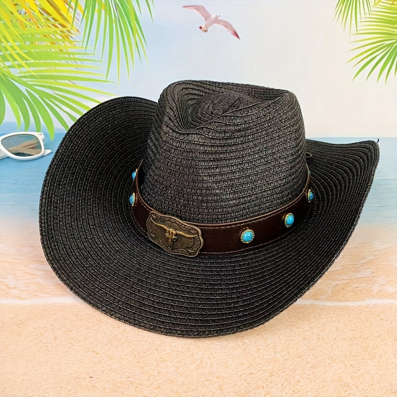 Cattle Head Decor Straw Hat Sunshade for Travel Seaside Unisex