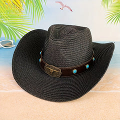 Cattle Head Decor Straw Hat Sunshade for Travel Seaside Unisex