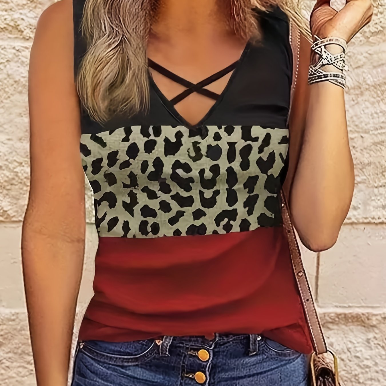 Colorblock Leopard Print Criss Cross V-Neck Tank Top