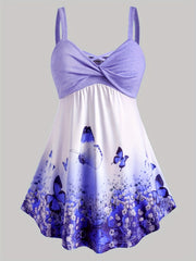 Butterfly Print Sleeveless Cami Top Criss Cross V Neck Cami Top