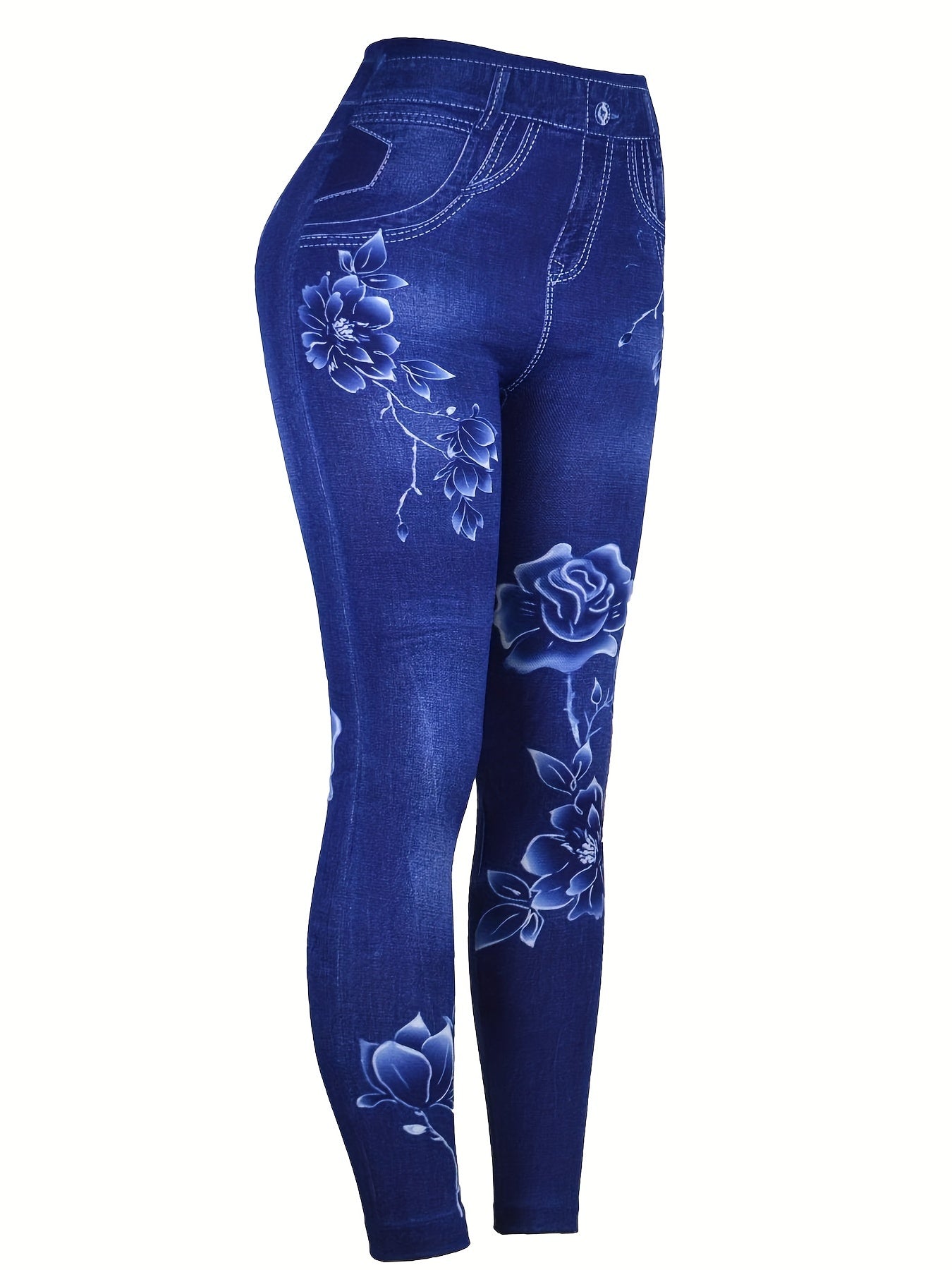 Denim & Floral Print Slimming Yoga Leggings High Stretch Slim Fit