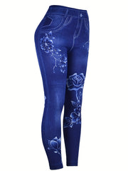Denim & Floral Print Slimming Yoga Leggings High Stretch Slim Fit