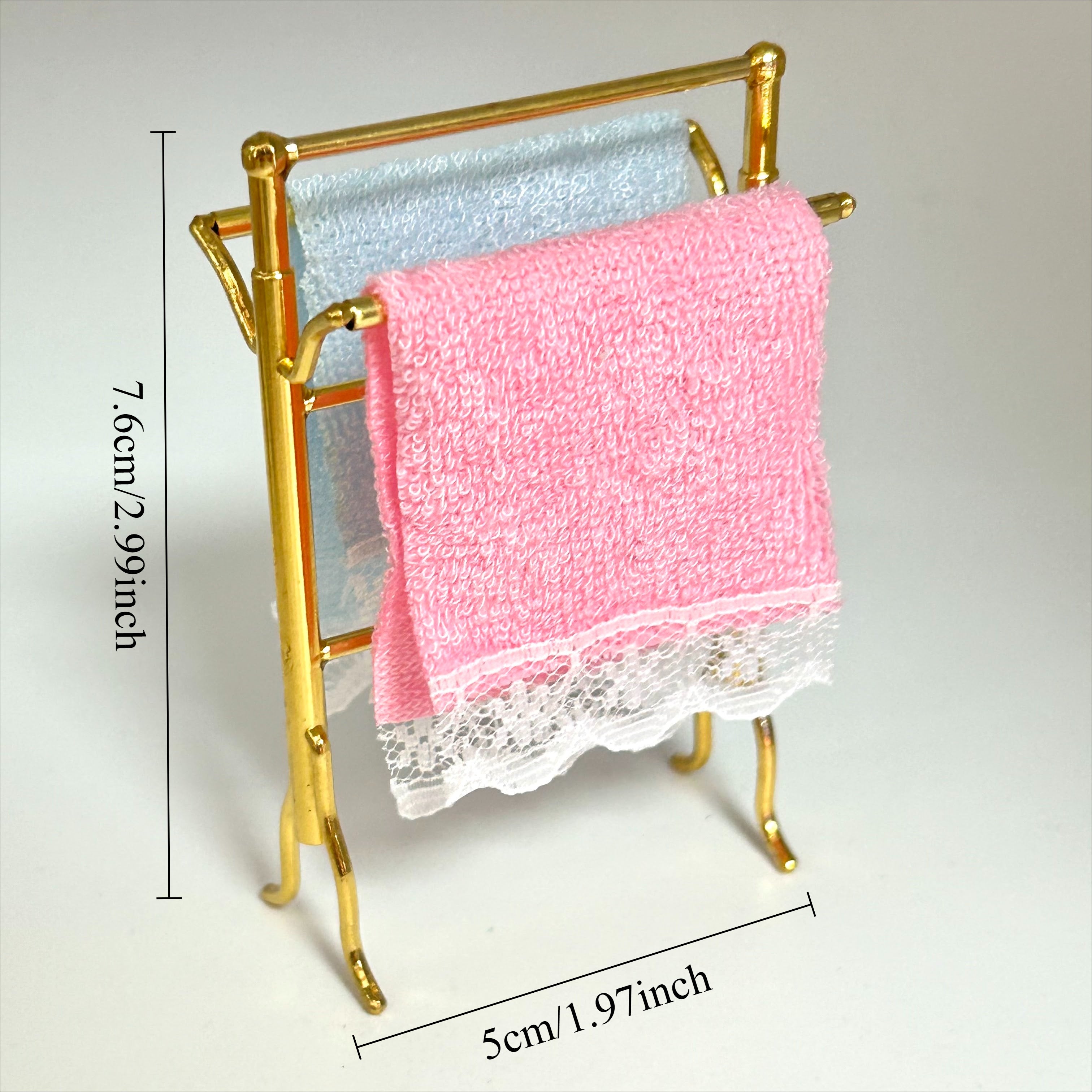 Dollhouse Golden Towel Rack Set with Pink Towels
