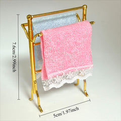 Dollhouse Golden Towel Rack Set with Pink Towels