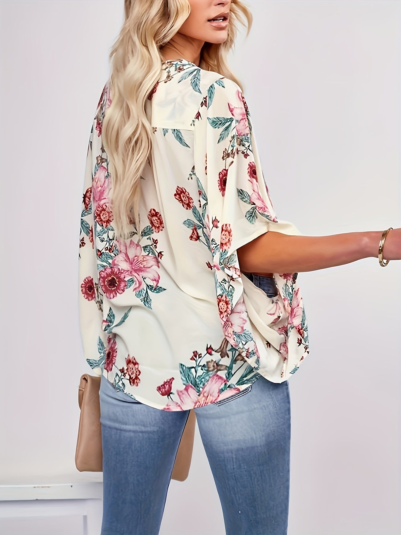  Floral Print Bat Sleeve V Neck Blouse
