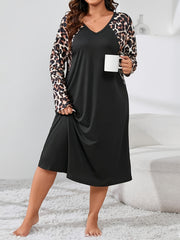  Leopard Print Raglan Long Sleeve V Neck Stretch Sleep Dress