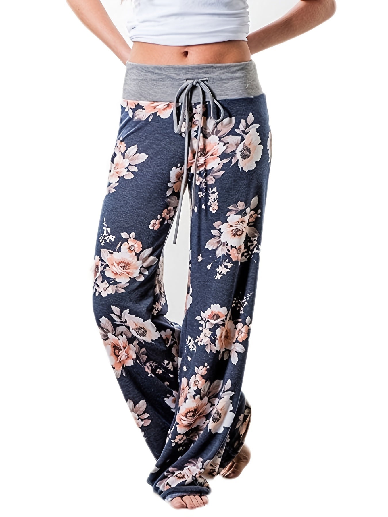 Floral Print High Rise Drawstring Long Pants Plus Size