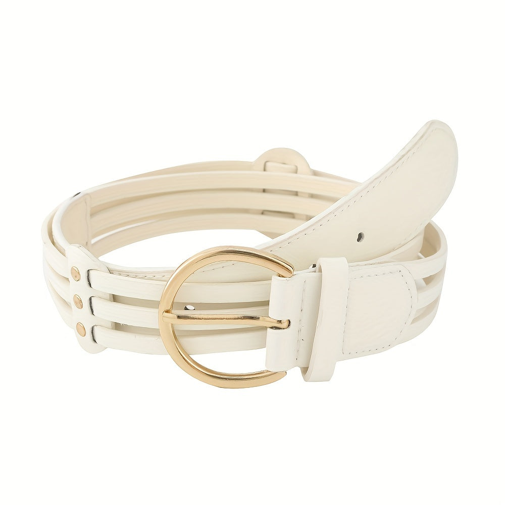 Hollow Out PU Belt Round Golden Pin Buckle Waistband for Women
