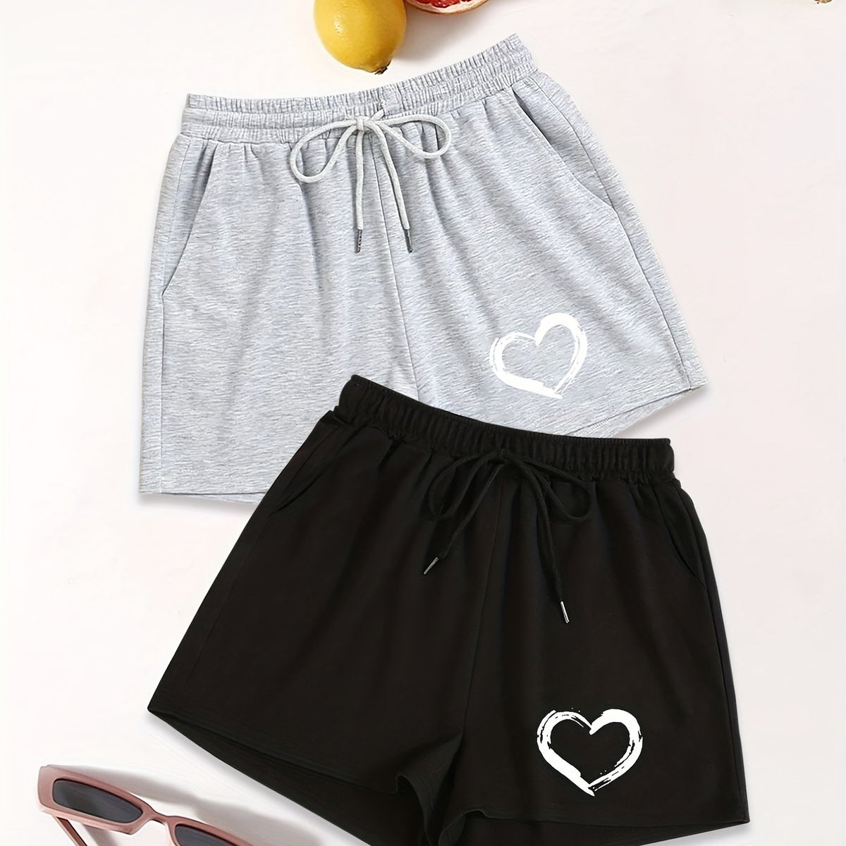 Heart Print Drawstring Shorts 2 Pack Elastic Waist Women's Clothing