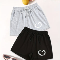 Heart Print Drawstring Shorts 2 Pack Elastic Waist Women's Clothing