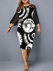  Abstract Print Lace Sleeve Midi Dress