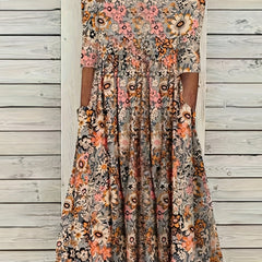  Floral Print Half Sleeve Round Neck Dress