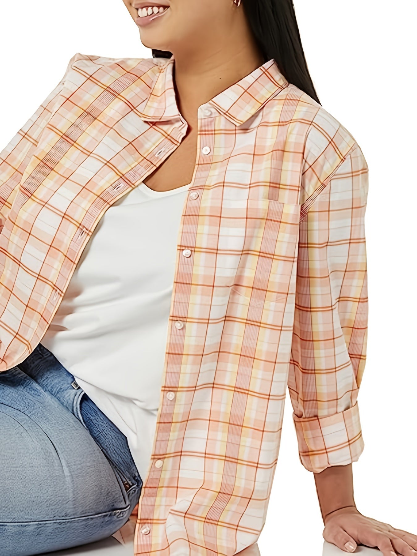  Plaid Print Long Sleeve Button Up Shirt Top