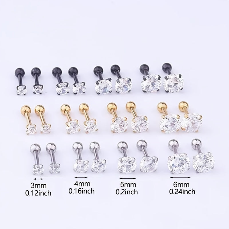 6mm Gem Stainless Steel Earring Titanium Screw Back Pack Of Earrings Hip Hop
