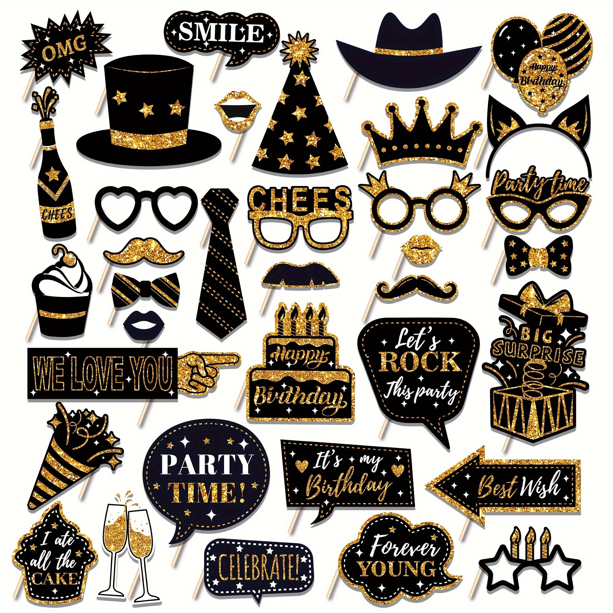 36pcs Purple & Silvery Bday Photo Booth Props w/Sticks Party Selfie Props Kit