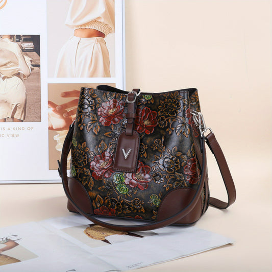 Vintage Floral Embroidery Coffee Bucket Bag for Women
