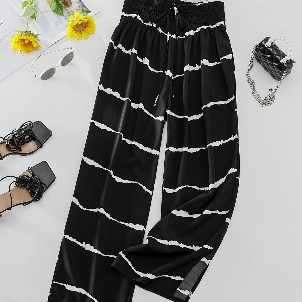  Women's Stripe Print High Rise Wide Leg Trousers