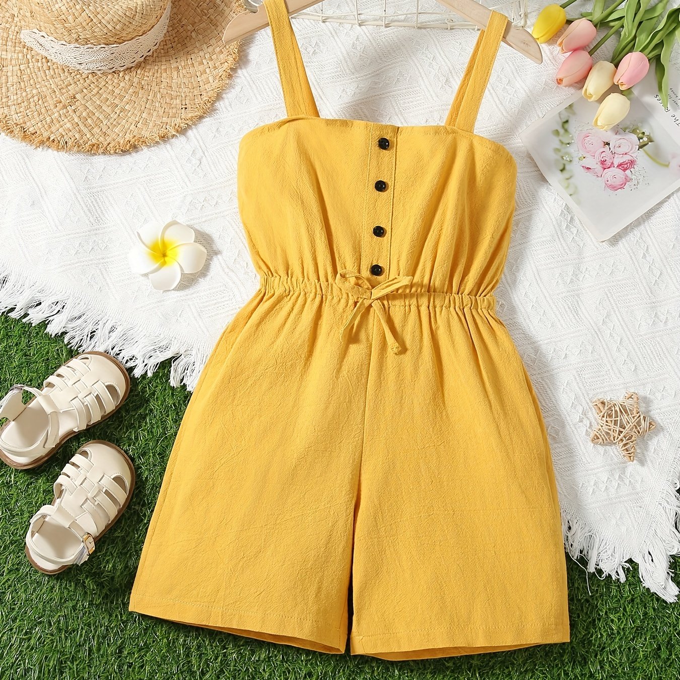 Girls Button Bow Cotton Cami Romper Jumpsuit