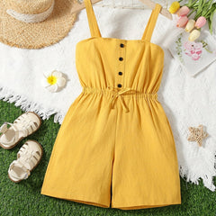 Girls Button Bow Cotton Cami Romper Jumpsuit