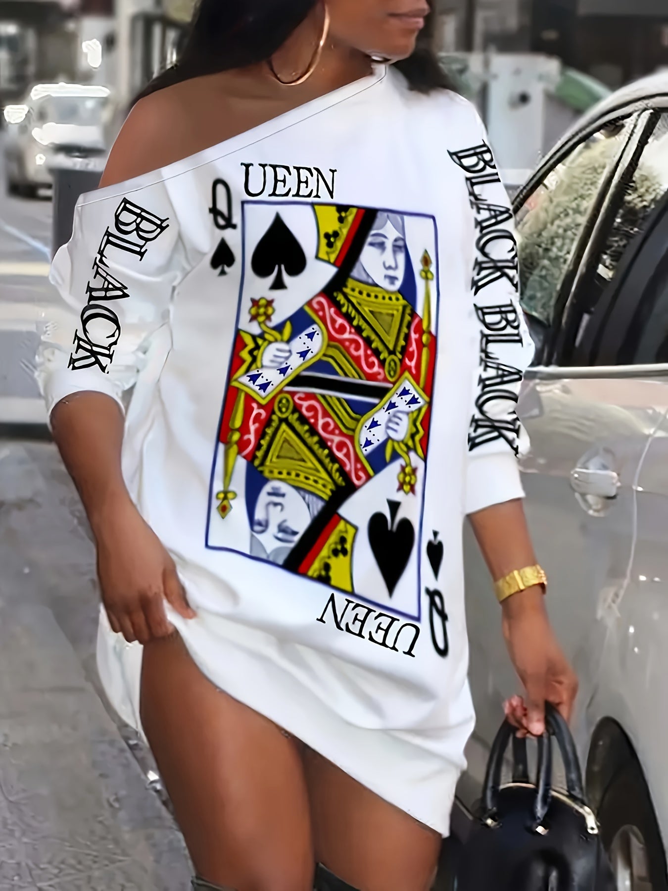  Sexy Dress Women's Plus Poker Print One Shoulder Long Sleeve Mini