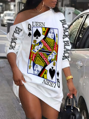  Sexy Dress Women's Plus Poker Print One Shoulder Long Sleeve Mini
