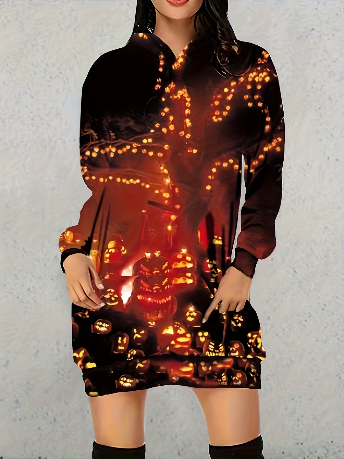  Halloween Casual Dress Women's Plus Graphic Print Long Sleeve Mini Hoo