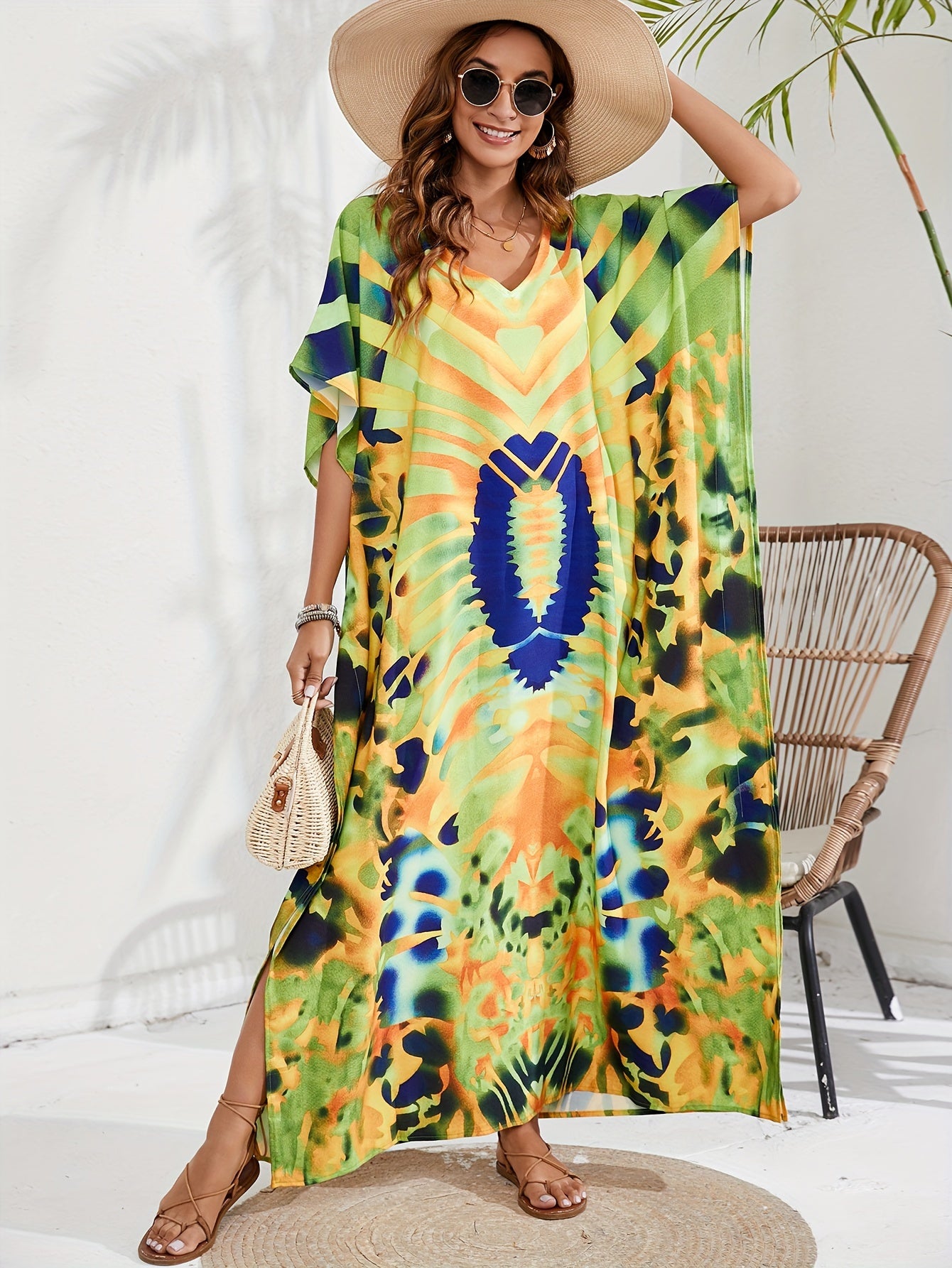  Boho Cover Up Women's Allover Print Maxi Split Dress