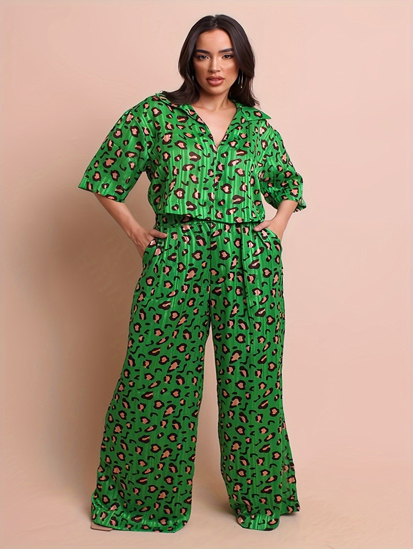  Leopard Print High Waisted Wide Leg Trousers