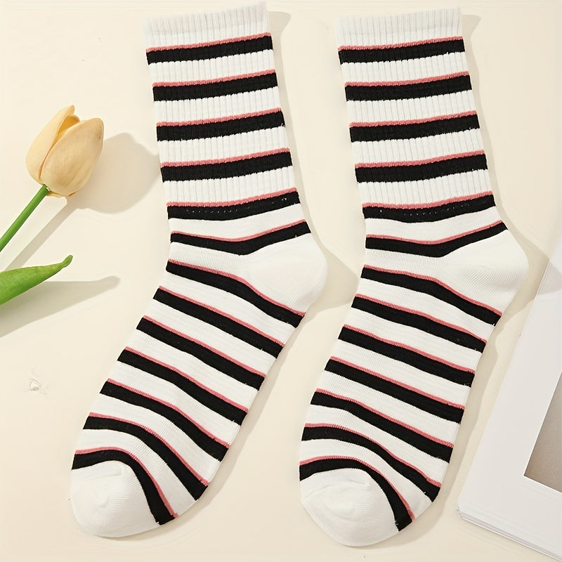 6 Pairs Striped Crew Socks College Style Women's Stockings
