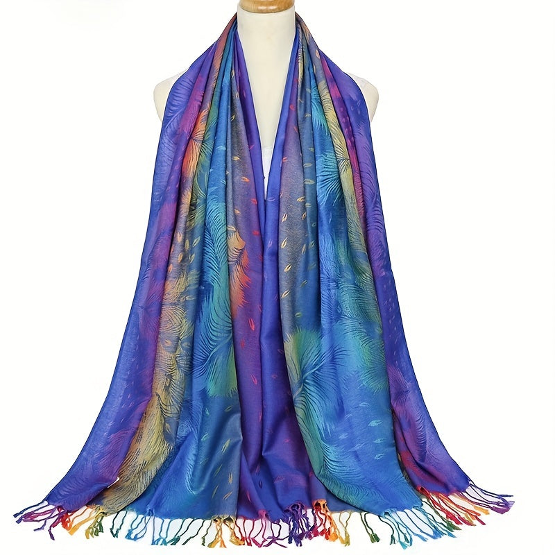 Gradient Fringed Scarf Long Print Warm Shawl Sunscreen Satin Shawl Wraps