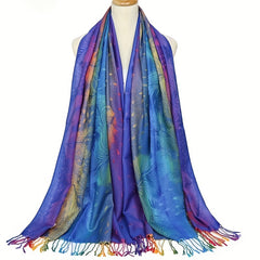 Gradient Fringed Scarf Long Print Warm Shawl Sunscreen Satin Shawl Wraps