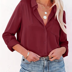  Solid Button Up Long Sleeve Blouse