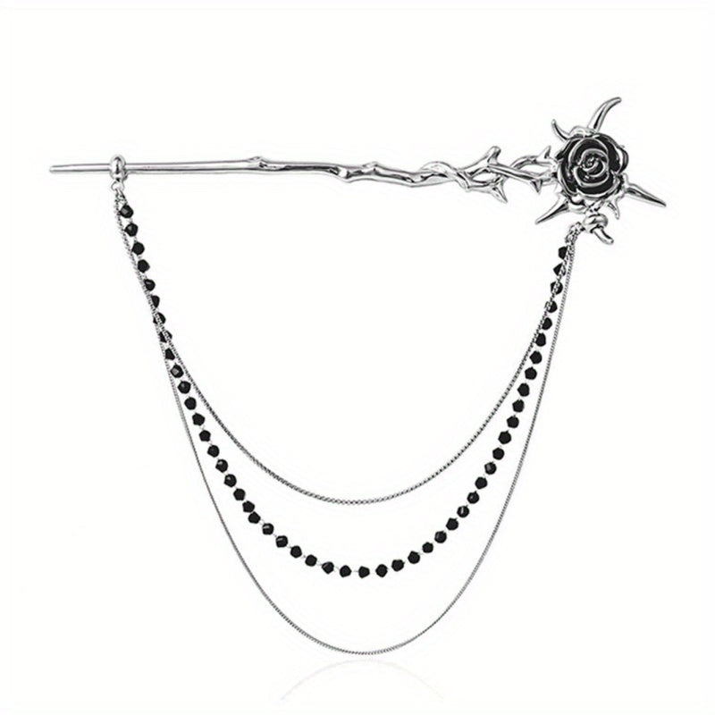 Metal Flower Hairpin With Chain Tassel Rose Hair Pin Back Head Hair Stick