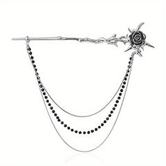Metal Flower Hairpin With Chain Tassel Rose Hair Pin Back Head Hair Stick