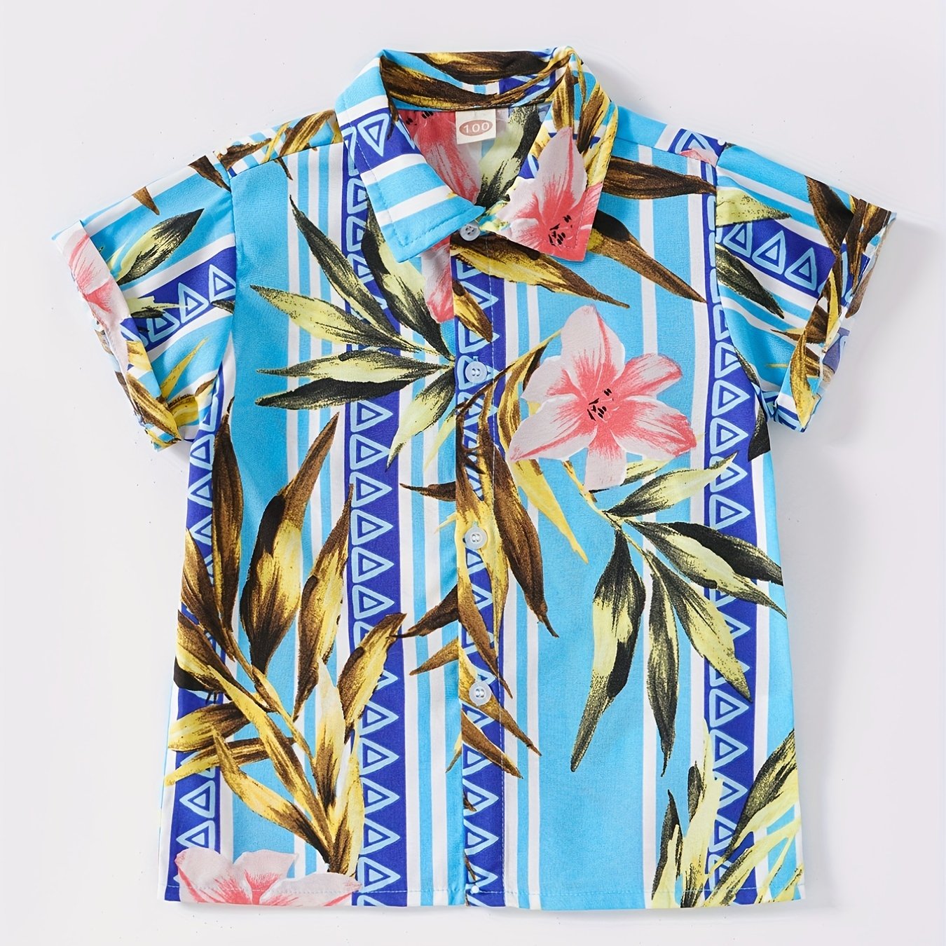 Boys Flower Leaf Print Striped Short Sleeves Shirt Vacation Beach