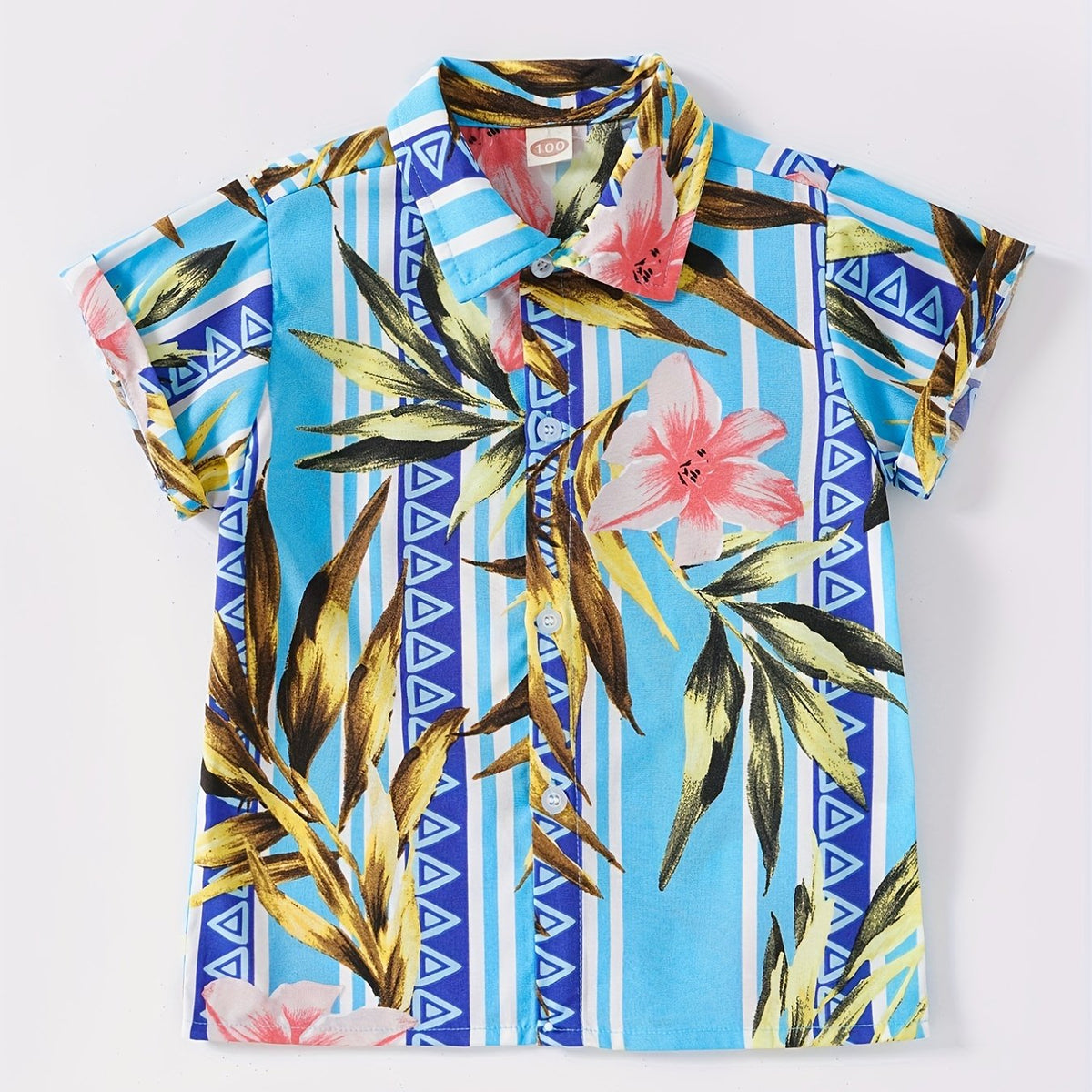 Boys Flower Leaf Print Striped Short Sleeves Shirt Vacation Beach