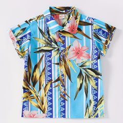 Boys Flower Leaf Print Striped Short Sleeves Shirt Vacation Beach