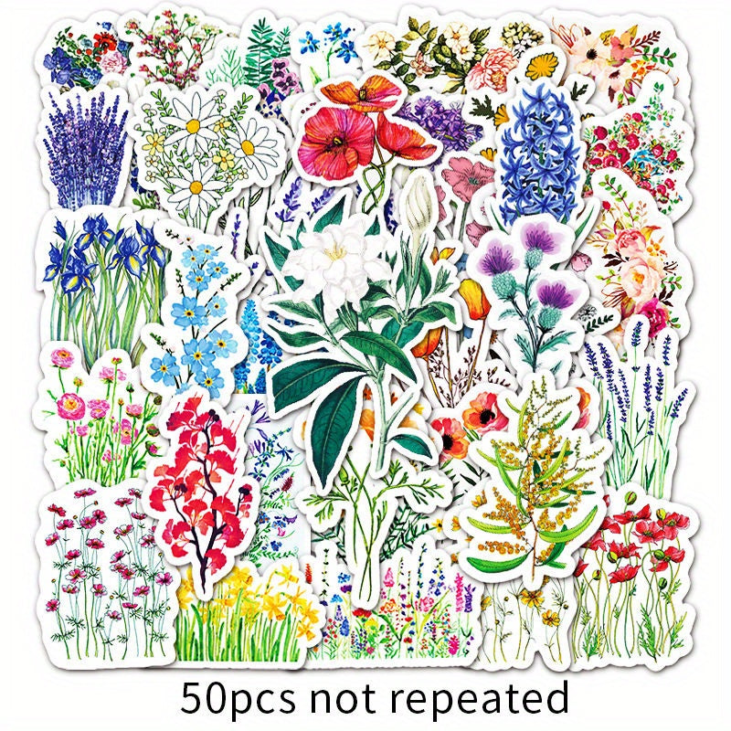 50pcs Flowers Pattern Waterproof Stickers Water Bottles Laptop Scrapbook Luggage